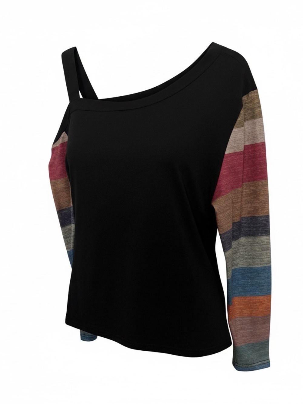 Black Asymmetrical Top with Multicolor Stripe Sleeves